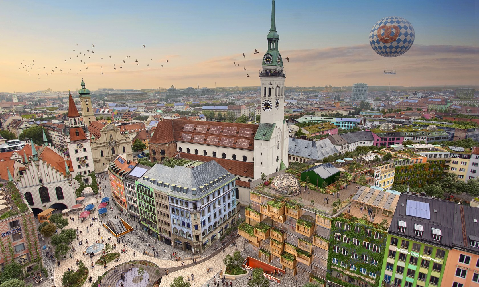 Utopische Illustration des Münchner Marienplatzes